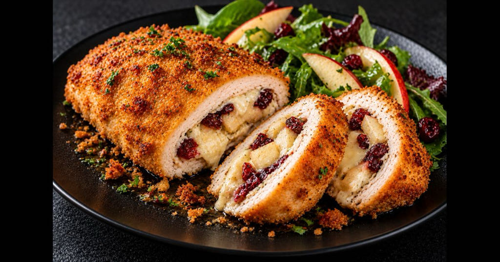 Poitrine de poulet farcie aux pommes, canneberge, brie (pané)